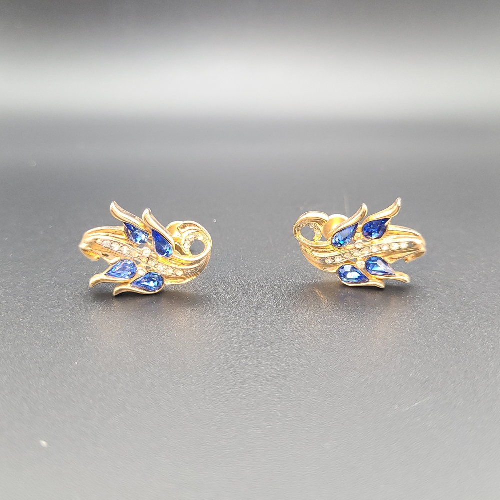 Nuri Vintage Gold and Blue Crystal Leaf Earrings - Clip ons - Screw ons